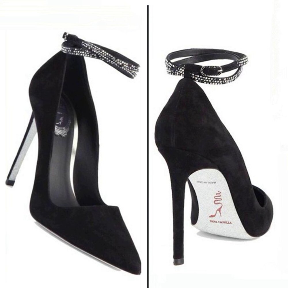 René Caovilla NEW 38 Black Suede Fabulosity Swarovski Crystal Ankle Wrap Heels